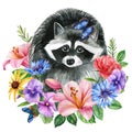 Raccoon and flower decoration on isolated white background. Hand drawn botanical illustration Royalty Free Stock Photo