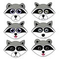 raccoon gargle, head, facial expression and emotion illustration on white background in set