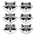 Raccoon gargle, head, facial expression and emotion illustration on white background in vector set