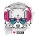 Raccoon in glasses and headphones. Vector illustration.