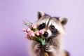 Raccoon holding a bouquet of pink roses on a lavender background.