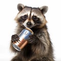 Raccoon is holding a can of beer in its paws, with its masked face looking curiously at can.