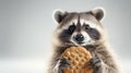 Raccoon Holding Cookie. On light background. With copy space. Cute animal. Suitable for comedic content or illustrating