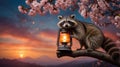 Charming Raccoon with Lantern at Sunset in Cherry Blossom Tree Royalty Free Stock Photo