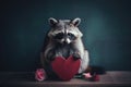 a raccoon holding a red heart with a rose Royalty Free Stock Photo