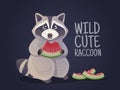 Raccoon holds a watermelon. Vector clip art