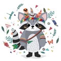 A raccoon in an Indian costume. Drawing for t-shirts. Print. Cap of feathers, dragonfly, leaves, heart Royalty Free Stock Photo