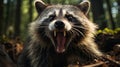 A raccoon with its mouth open. Generative AI. Royalty Free Stock Photo