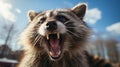 A raccoon with its mouth open. Generative AI. Royalty Free Stock Photo