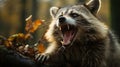 A raccoon with its mouth open. Generative AI. Royalty Free Stock Photo