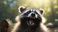 A raccoon with its mouth open and teeth showing, AI