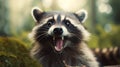 A raccoon with its mouth open in the woods, AI