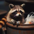 Raccoon leans out of garbage can after rummaging for food