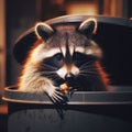 Raccoon leans out of garbage can after rummaging for food