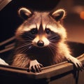 Raccoon leans out of garbage can after rummaging for food