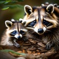 Raccoon mum with her babies - ai generated image