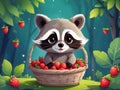 An adorable raccoon standing with a handful of fresh juicy berries.