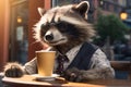 Raccoon office manager employee in sunglasses, shirt and tie is sitting at his break in cafe on the street with cup of coffee on
