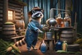 Anthropomorphic Raccoon Distilling Liquor in the Woods