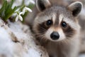 A raccoon peeking out from behind a rock in the snow Royalty Free Stock Photo