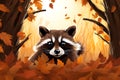 Raccoon peeking out from behind trees vector fall background