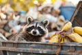 Raccoon peeking from a trash bin among discarded items Royalty Free Stock Photo