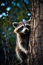 Adorable Raccoon Climbing a Tree in the Forest Royalty Free Stock Photo