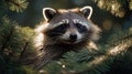 Charming Raccoon Portrait in Pine Tree Branches Royalty Free Stock Photo