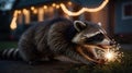 Charming Raccoon Plays with Sparklers at Night Royalty Free Stock Photo