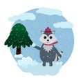 The raccoon is playing with snowballs. Vector illustrations for background, calendar, greeting card, party invitation card