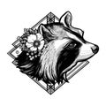 Raccoon portrait. Dreamy magic art. Night, nature, wicca symbol. Isolated vector illustration. Great outdoors, tattoo Royalty Free Stock Photo