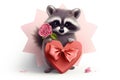 Raccoon Presents Heartshaped Box With Bow And Flower