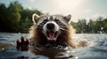 Raccoon - Procyon Lothor bathes in the river. Cute wet raccoon swims and plays in the water