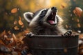 Raccoon in trash can leans out mouth open autumn. AI generated Royalty Free Stock Photo