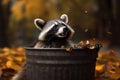 Raccoon in trash can leans out mouth open autumn. AI generated Royalty Free Stock Photo