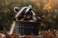 Raccoon in trash can leans out mouth open autumn. AI generated Royalty Free Stock Photo