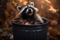 Raccoon in trash can leans out mouth open autumn. AI generated Royalty Free Stock Photo