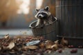 Raccoon in trash can leans out mouth open autumn. AI generated Royalty Free Stock Photo