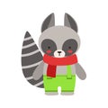 Raccoon In Red Scarf And Green Pants Cute Toy Baby Animal Dressed As Little Boy