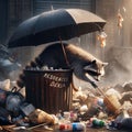 A raccoon rummaging through garbage with an umbrella propped up