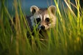 a raccoon rummaging through tall grass in the moonlight