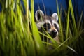 a raccoon rummaging through tall grass in the moonlight