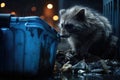 a raccoon rummaging through a trash can at night