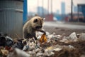 a raccoon rummaging through an urban garbage can