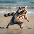 Raccoon running along a sandy beach at sunrise, enjoying a morning stroll Royalty Free Stock Photo