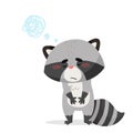 The raccoon is sad and confused by thoughts. Drawn in cartoon style.