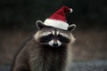 Raccoon in a Santa hat is waiting for the holiday of the new year