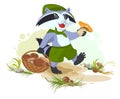 Raccoon scout collects mushrooms. Mushroomer picker with basket