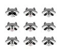 Raccoon set emoji avatar. sad and angry face. guilty and sleeping. Racoon sleeping emotion face. Coon Vector illustration