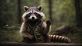 Raccoon sits and waving his paw. Character